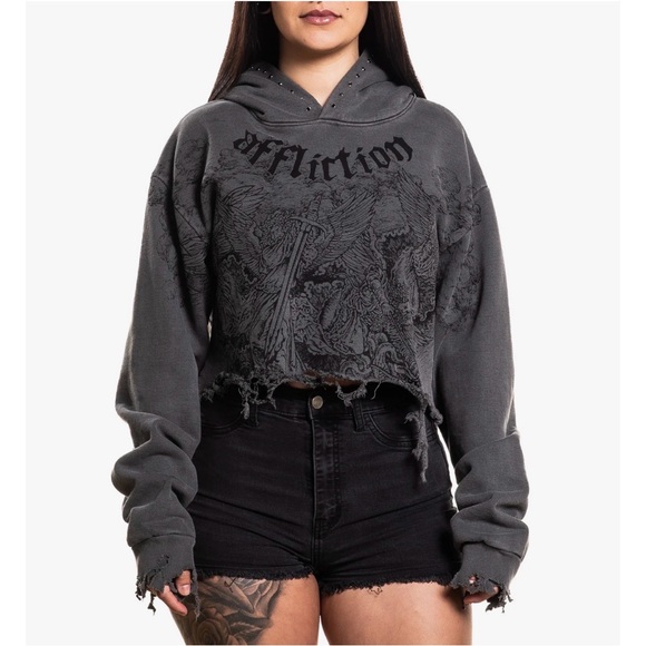 Affliction Tops - Affliction Angel Destructed Girls Crop Hoodie